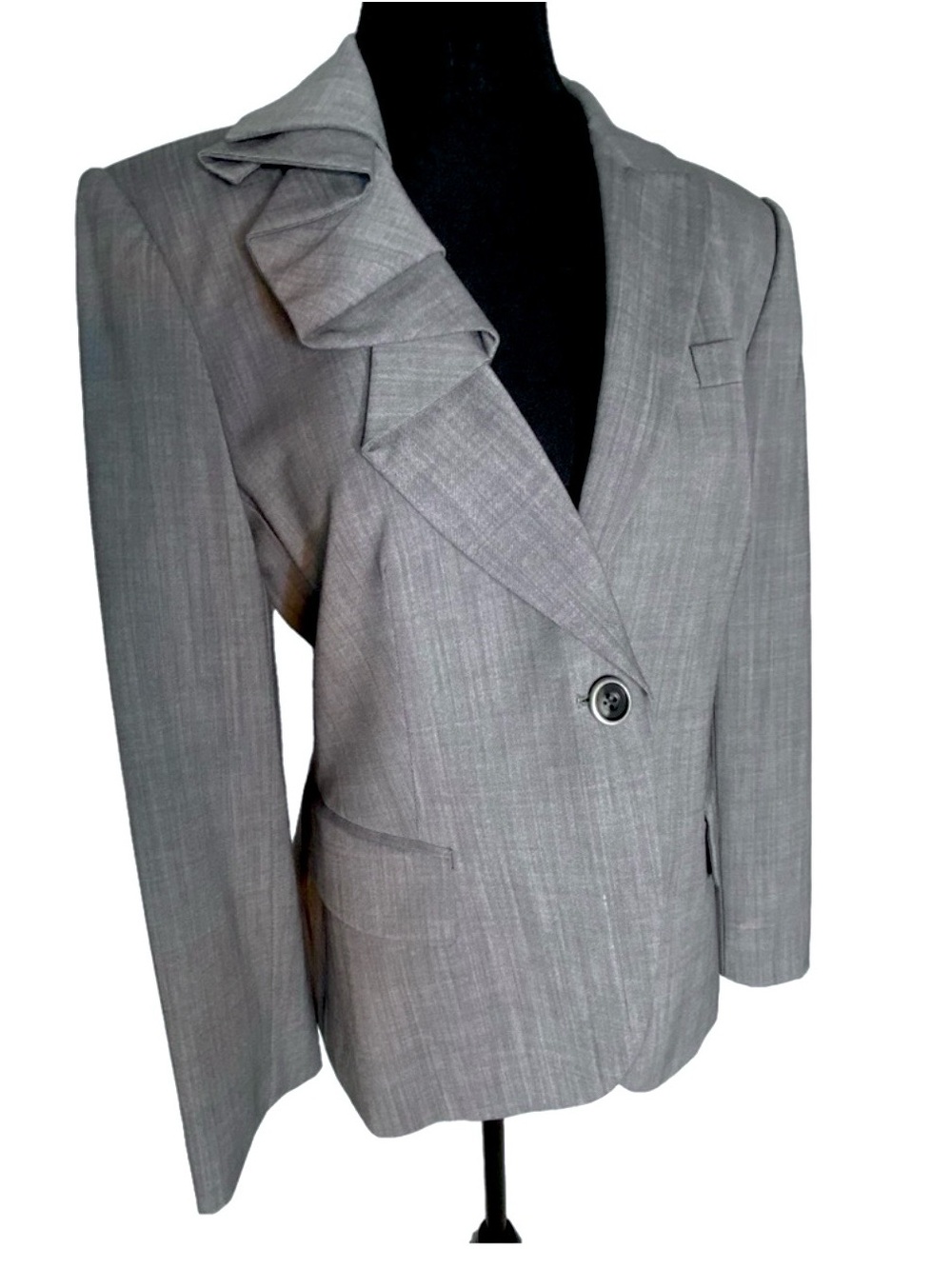 RACHEL ROY Grey Wool Blazer Jacket Asymmetrical Ruffle Collar Size 8